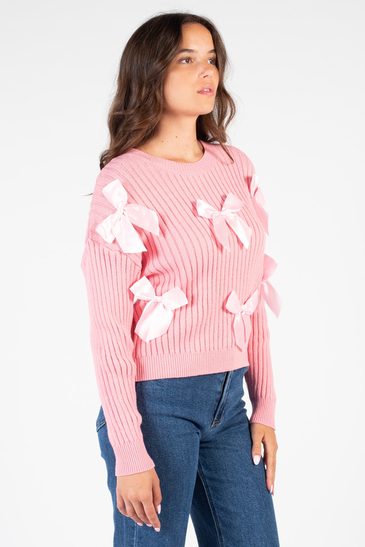 Playful Bow Accent Ribbed Sweater