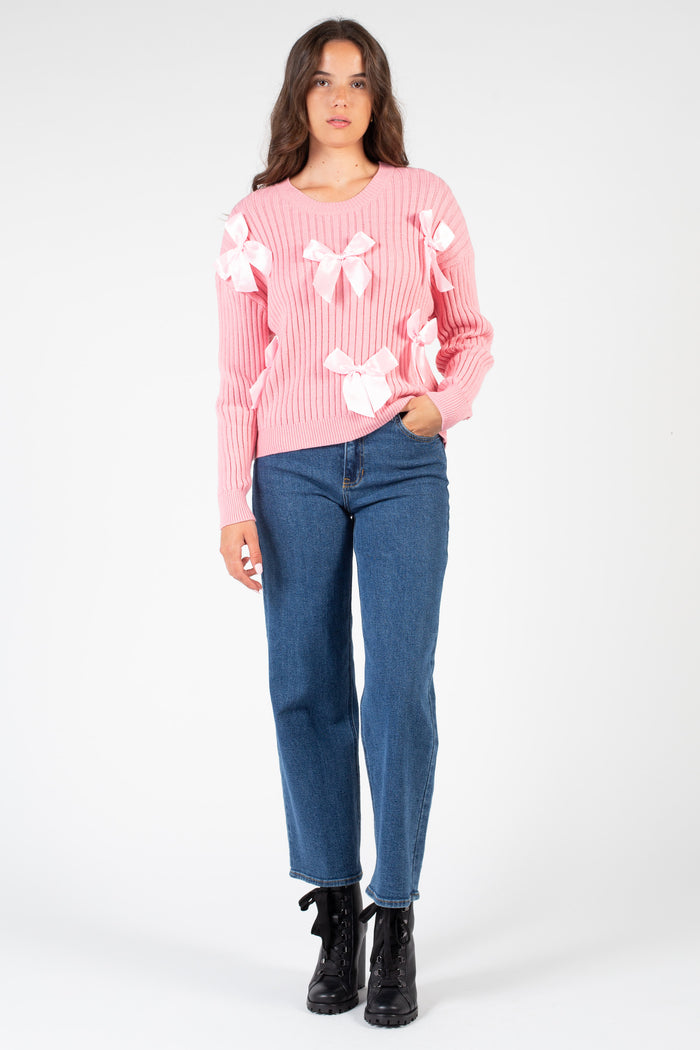 Playful Bow Accent Ribbed Sweater