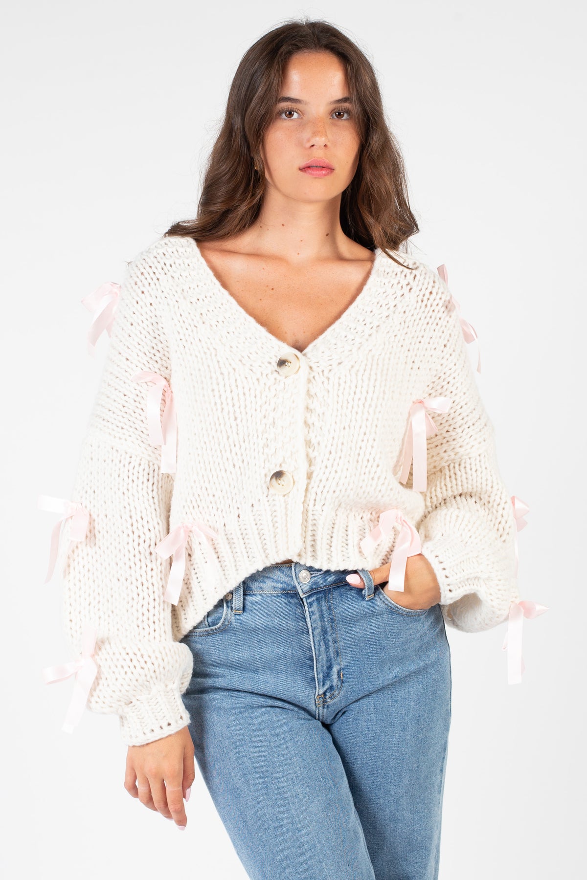 Belle Chunky Bow Knit Cardigan - honey