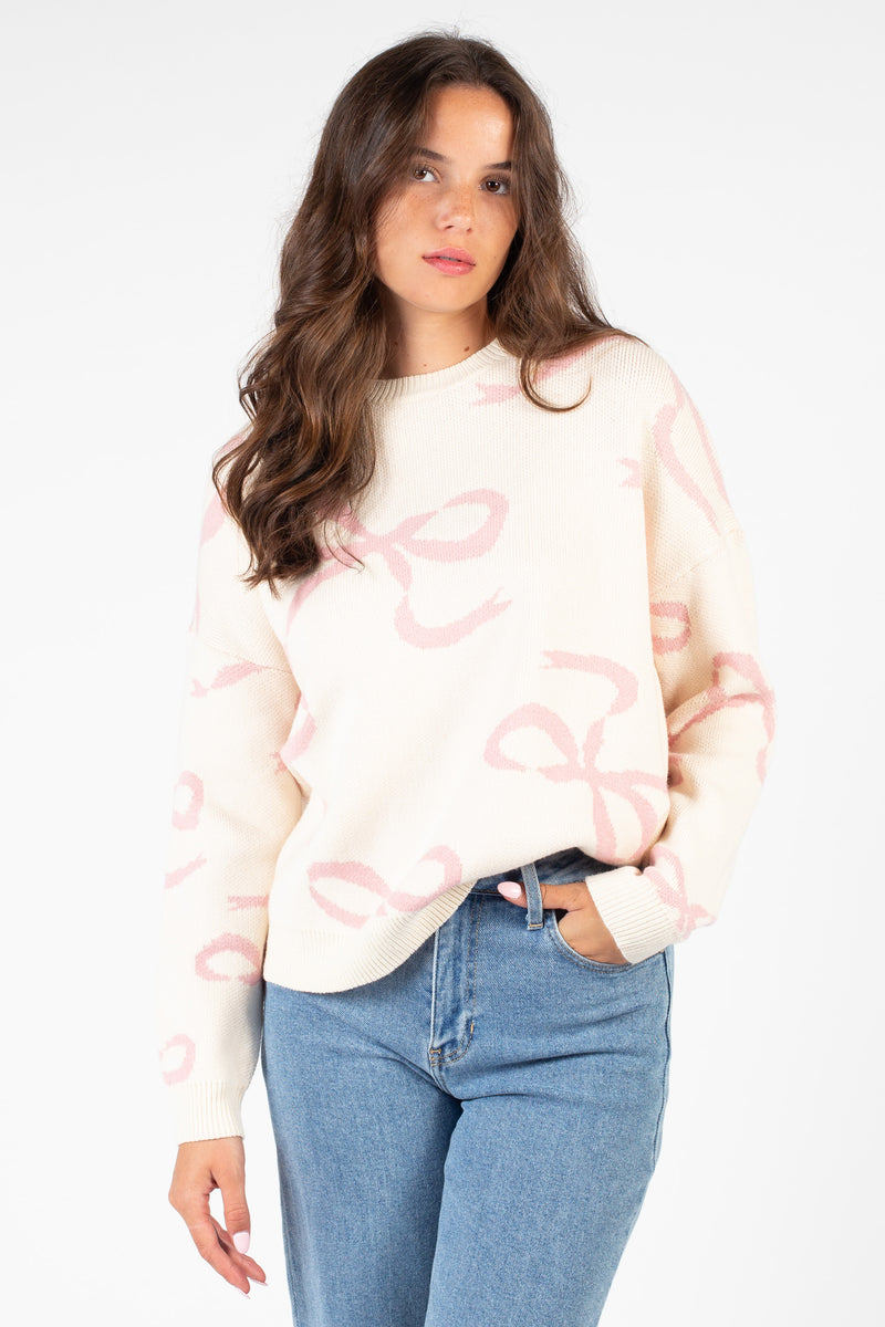 Annabelle Bow Print Crew Neck Sweater