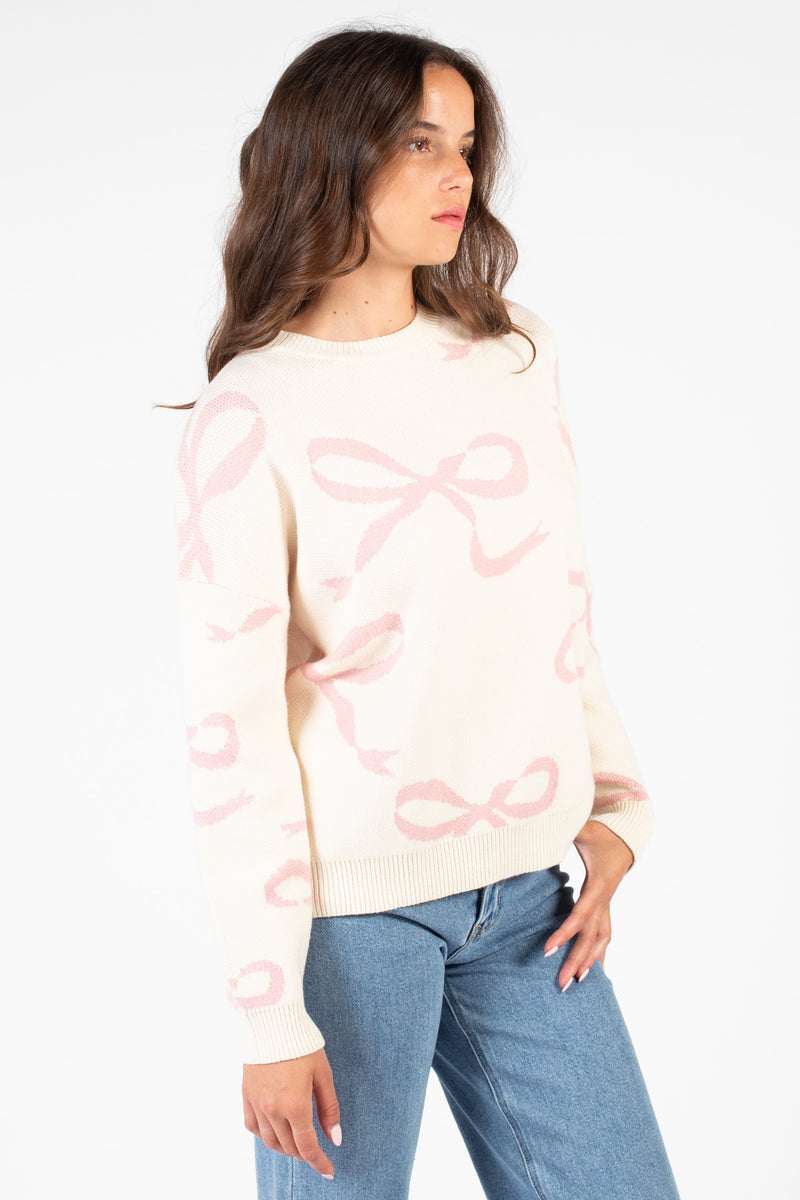 Annabelle Bow Print Crew Neck Sweater