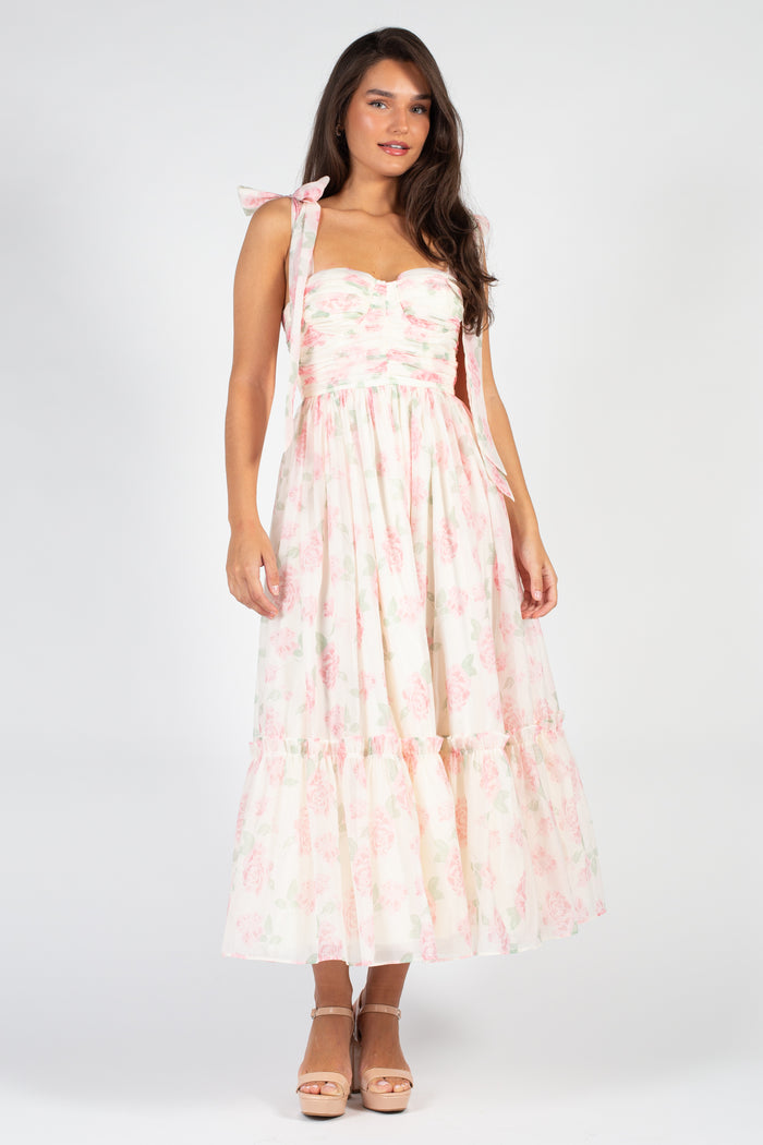 Hyacinth Tie Strap Floral Tiered Maxi Dress - honey