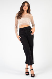 Kylie Long Sleeve Embellished Crop Top - honey