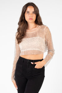 Kylie Long Sleeve Embellished Crop Top - honey