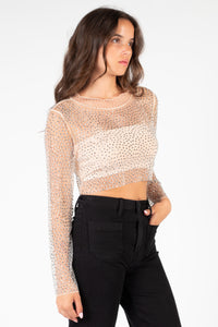 Kylie Long Sleeve Embellished Crop Top - honey