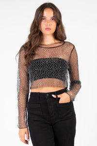 Kylie Long Sleeve Embellished Crop Top