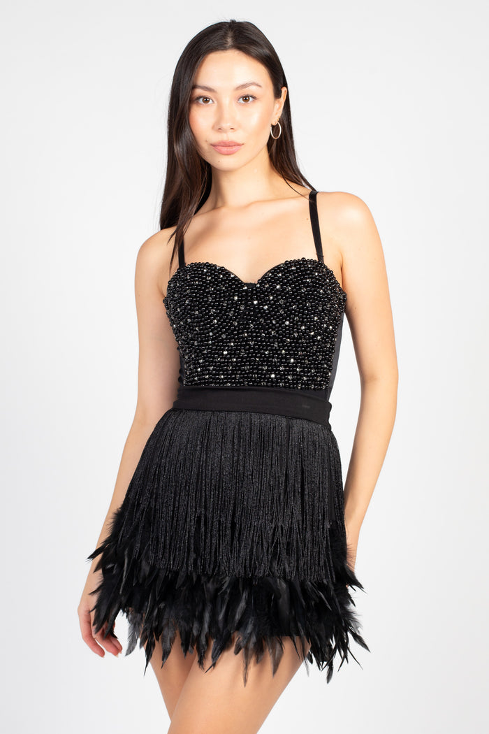 Destiny Fringe Feather Trim Mini Skirt