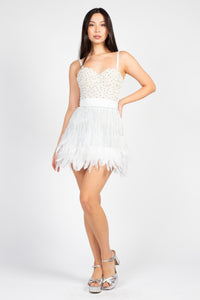 Destiny Fringe Feather Trim Mini Skirt