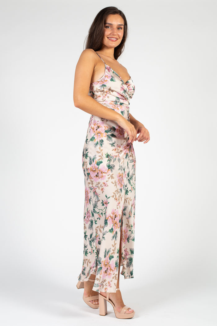 Antonella Floral Satin Front Slit Gown - honey