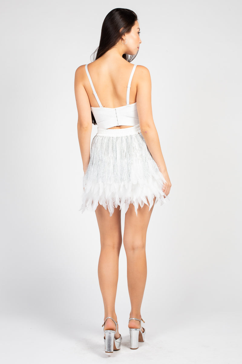 Destiny Fringe Feather Trim Mini Skirt