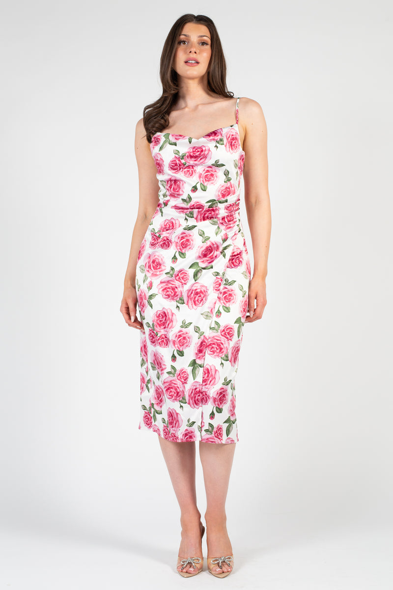 Georgia Satin Midi Rose Print Dress - honey