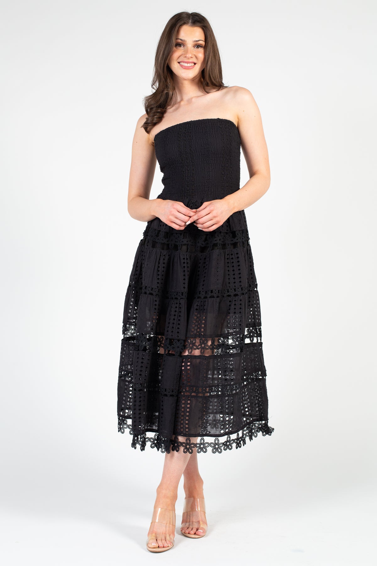 Mia Strapless Eyelet Midi Dress – honey - Main Image