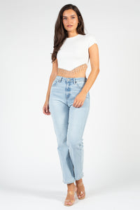 Alessia Rhinestone Fringe Ribbed Knit Crop Top - honey
