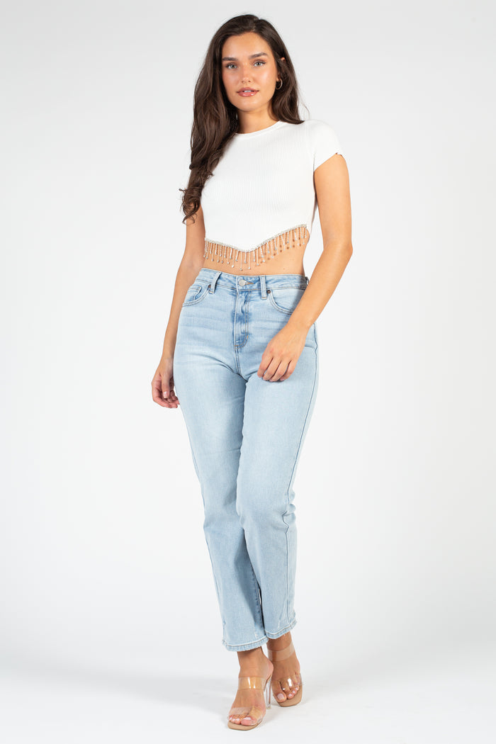 Alessia Rhinestone Fringe Ribbed Knit Crop Top - honey