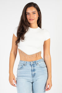 Alessia Rhinestone Fringe Ribbed Knit Crop Top - honey