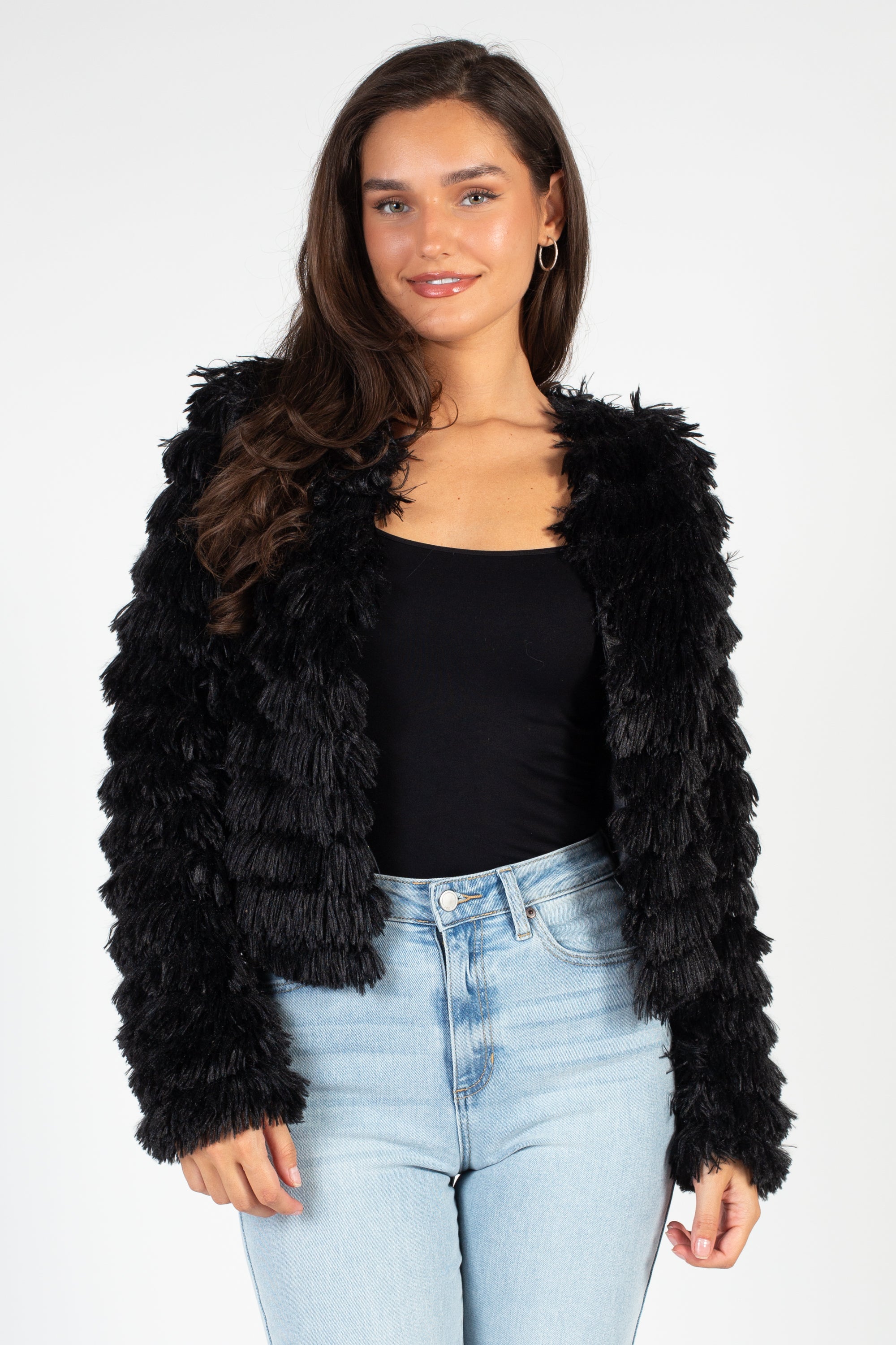 Black shaggy fur jacket best sale