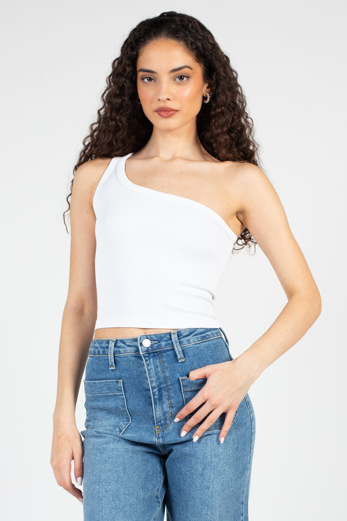 Ribbed One Shoulder Crop Top - honey