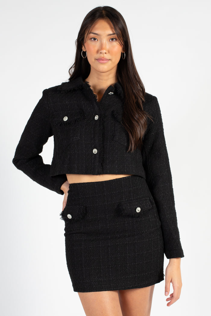 Tamera  Jewel Button Tweed Mini Skirt - honey