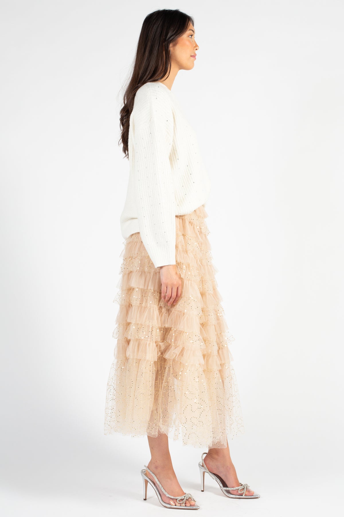 Eugenia Sequin Embellished Tulle Midi Skirt - honey
