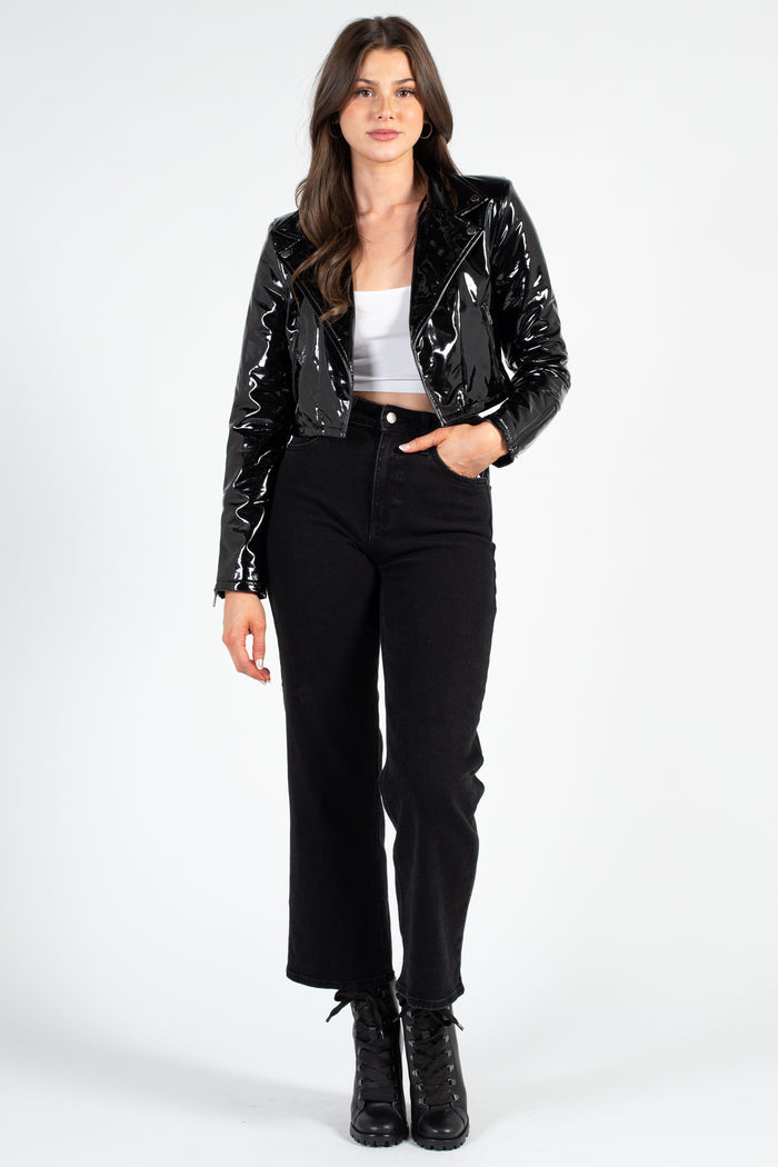 Showstopper Patent Cropped Moto Jacket - honey
