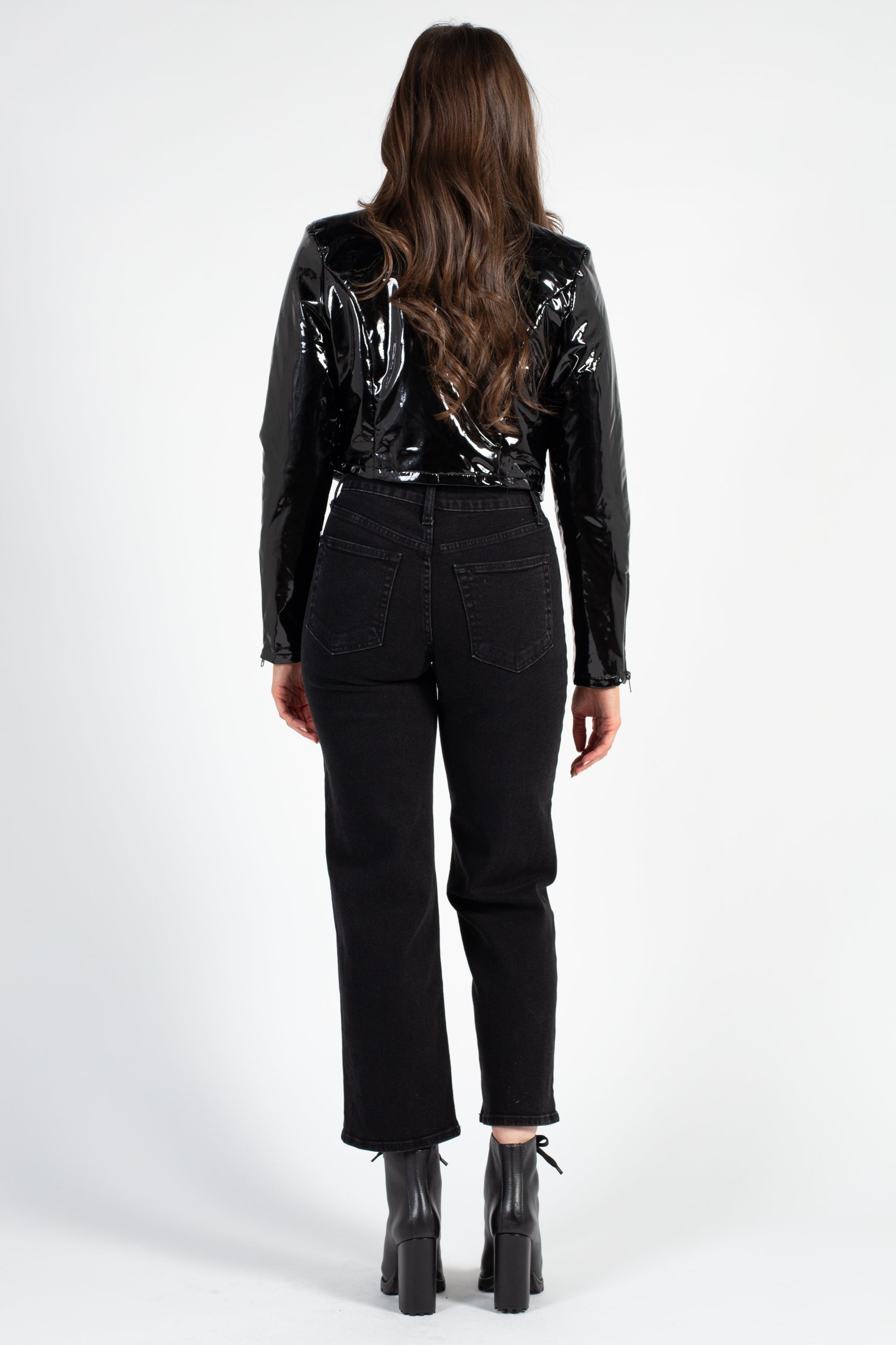Showstopper Patent Cropped Moto Jacket
