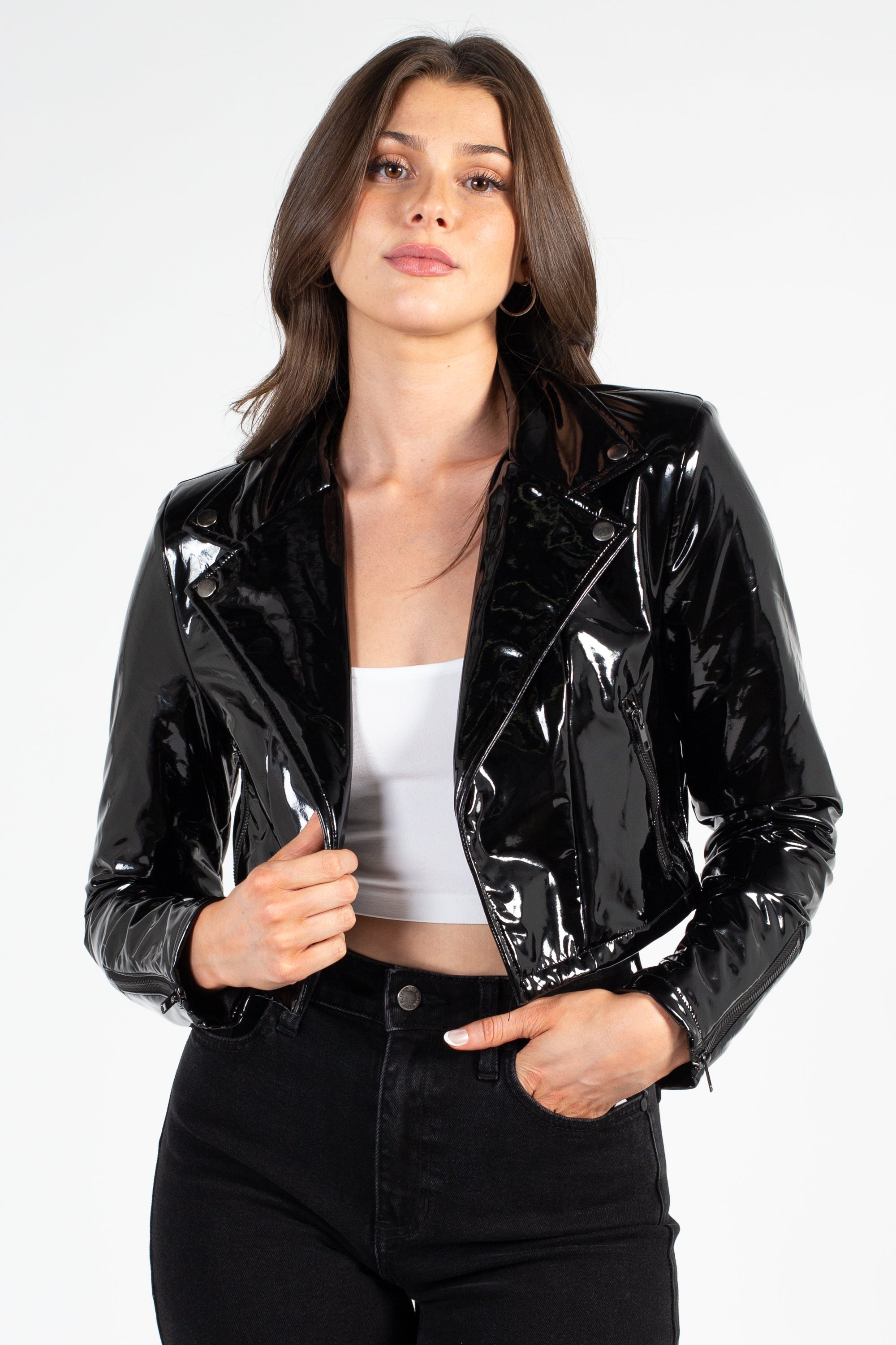 Showstopper Patent Cropped Moto Jacket