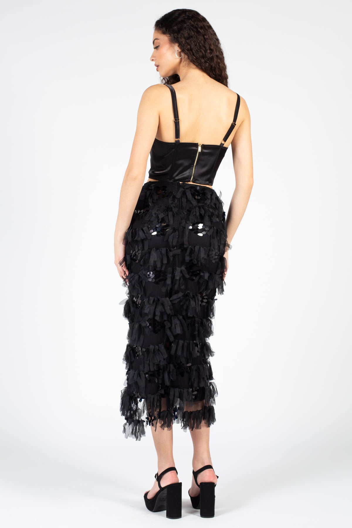Rosaline Sequin Fringe Embellished Midi Skirt - honey