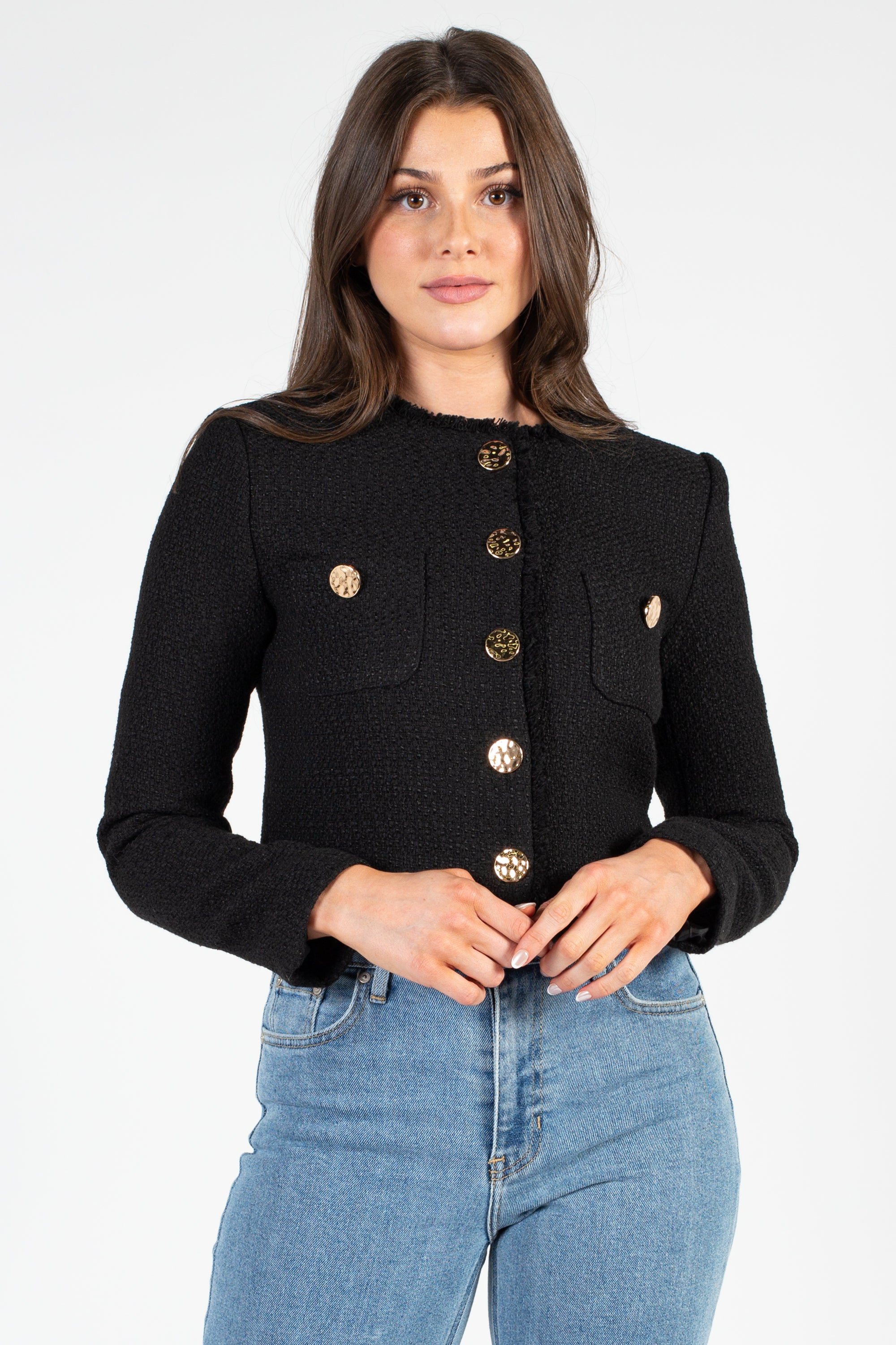 Delilah Cropped Tweed Gold Button Jacket