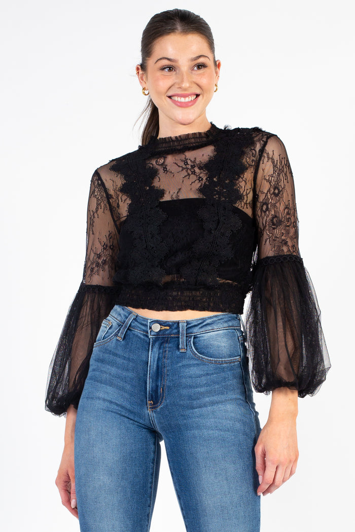 Mesh & Lace Long Sleeve Bustier Top