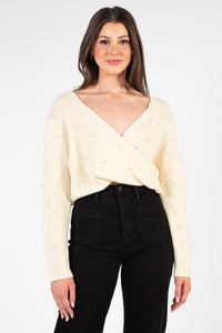 Giana Wrap Front Pearl Knit Sweater - honey