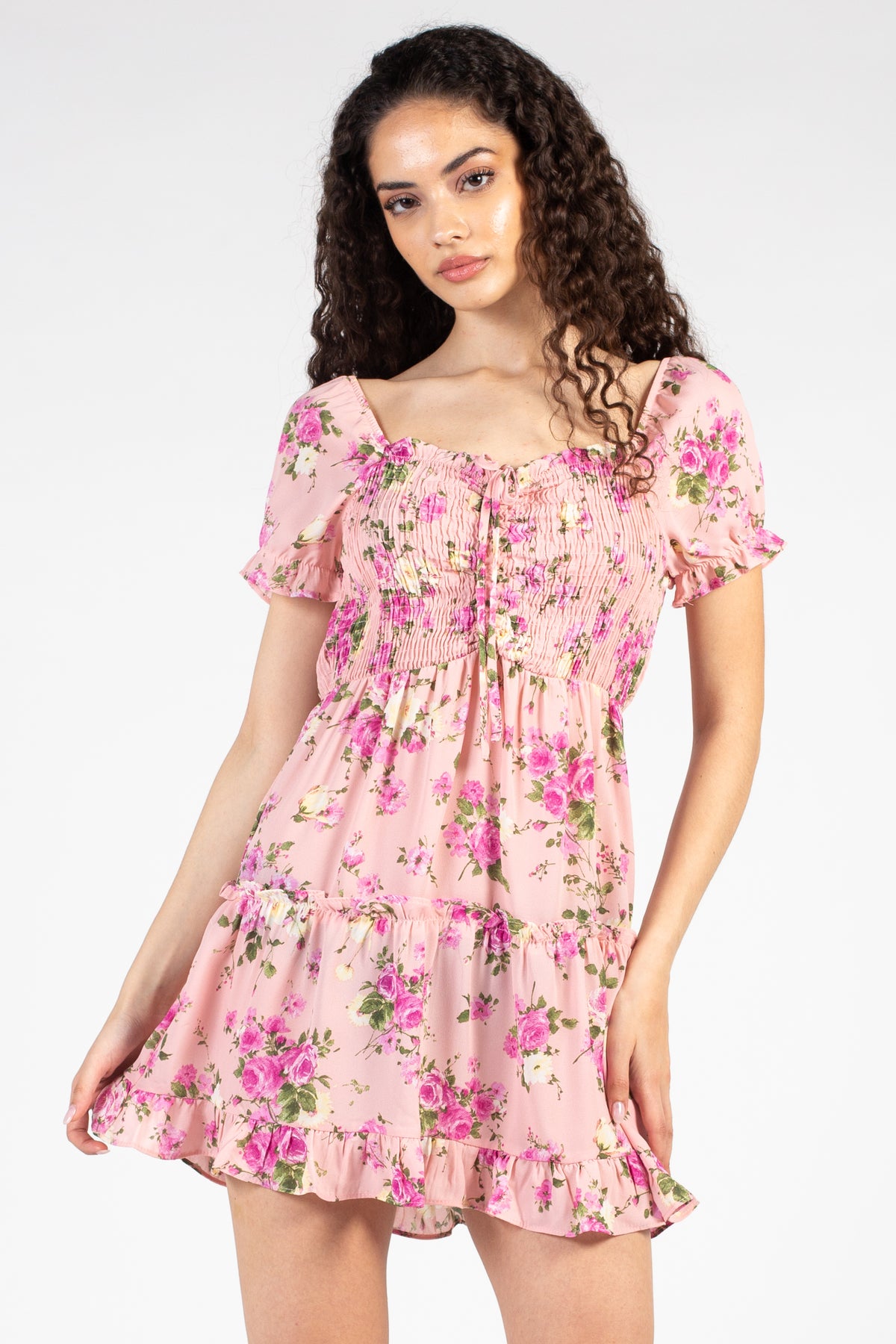 Reign Smocked Top Floral Mini Dress - honey