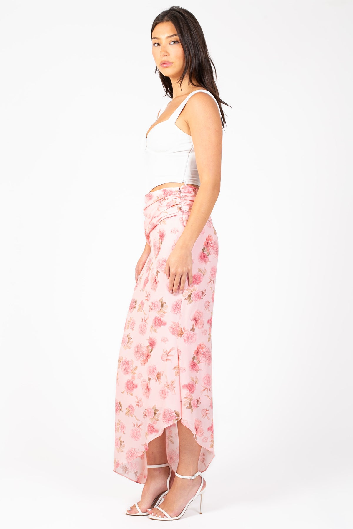Rosaline Asymmetrical Ruched Floral Skirt - honey