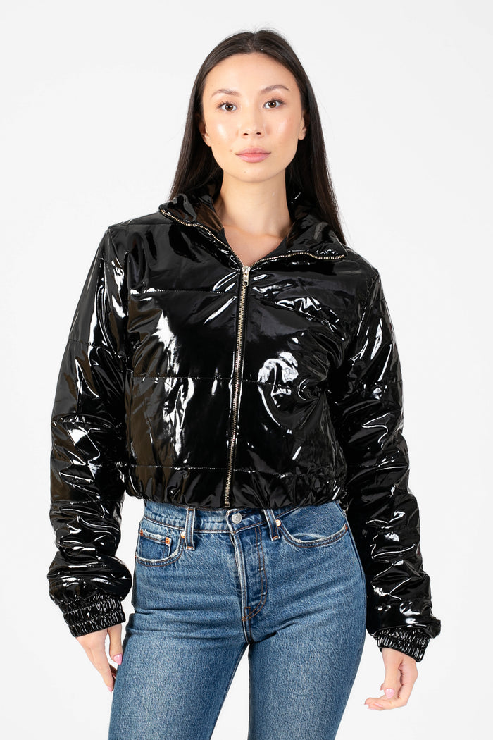 Lola Patent Bomber Puffer Jacket - honey