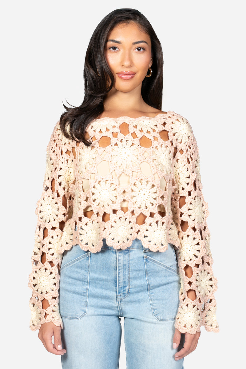 Paloma Floral Crochet Sweater - honey