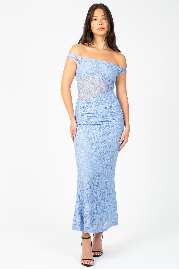 Viviette Off-The-Shoulder Lace Midi Dress - honey