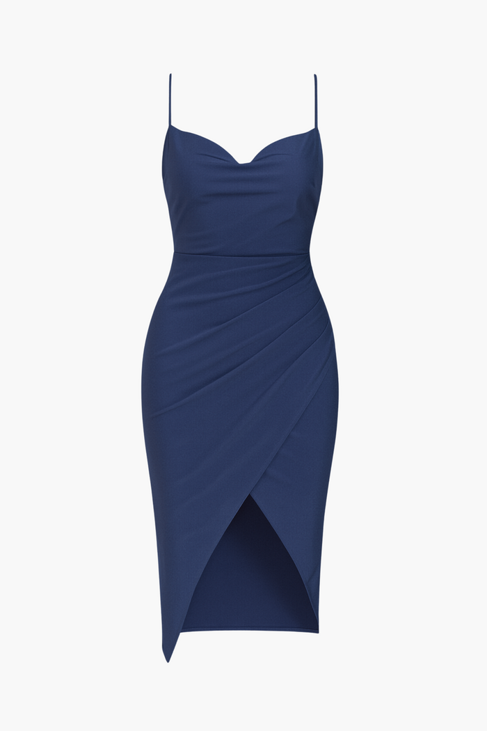 Elle Satin Ruched Tulip Midi Dress - honey