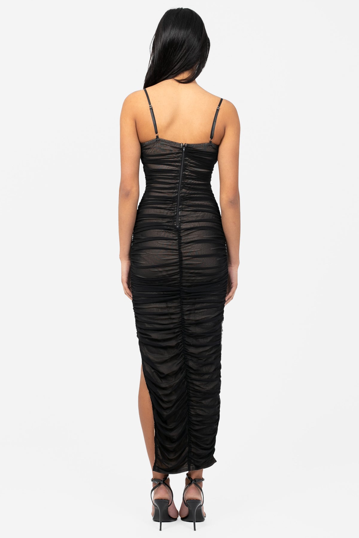Kaia Ruched Mesh Midi Dress - honey