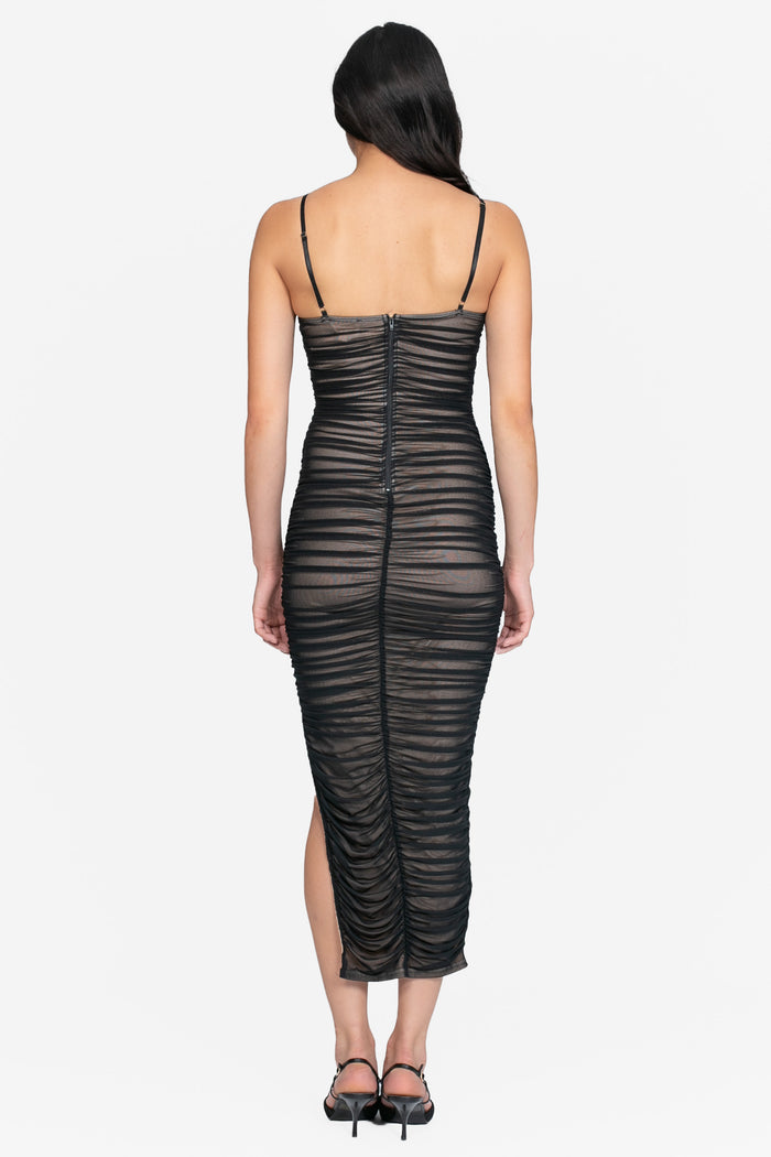 Kaia Ruched Mesh Midi Dress