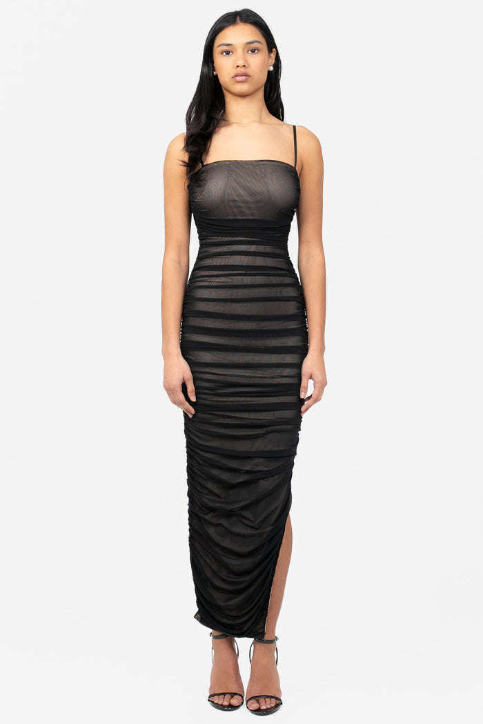 Kaia Ruched Mesh Midi Dress - honey