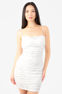 Noel Pearl Mesh Ruched Mini Dress - honey