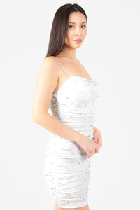 Noel Pearl Mesh Ruched Mini Dress - honey