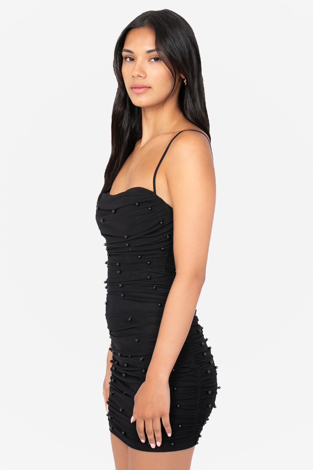 Noel Pearl Mesh Ruched Mini Dress