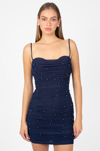 Noel Pearl Mesh Ruched Mini Dress - honey