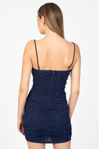 Noel Pearl Mesh Ruched Mini Dress - honey