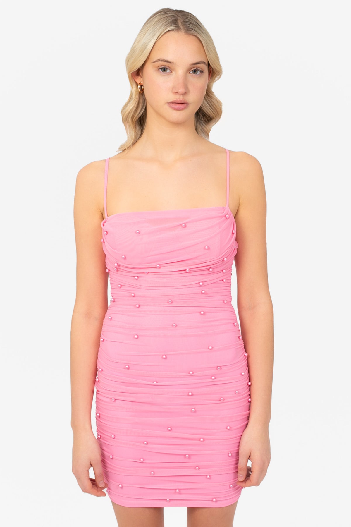 Noel Pearl Mesh Ruched Mini Dress