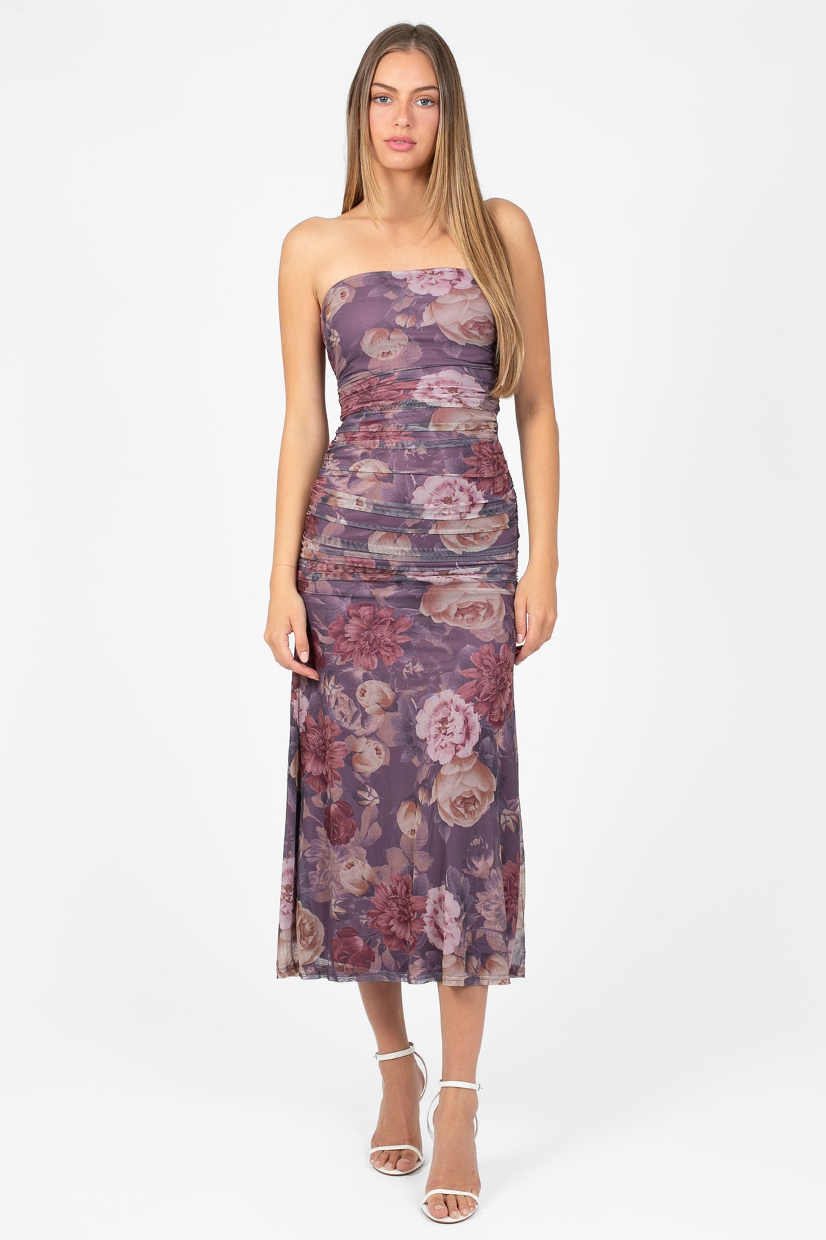 Sabine Mesh Floral Midi Dress - honey