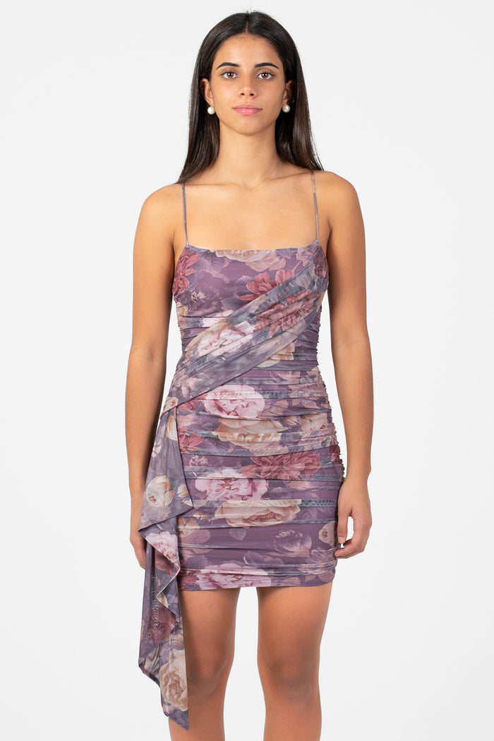 Nia Floral Mesh Sash Mini Dress - honey