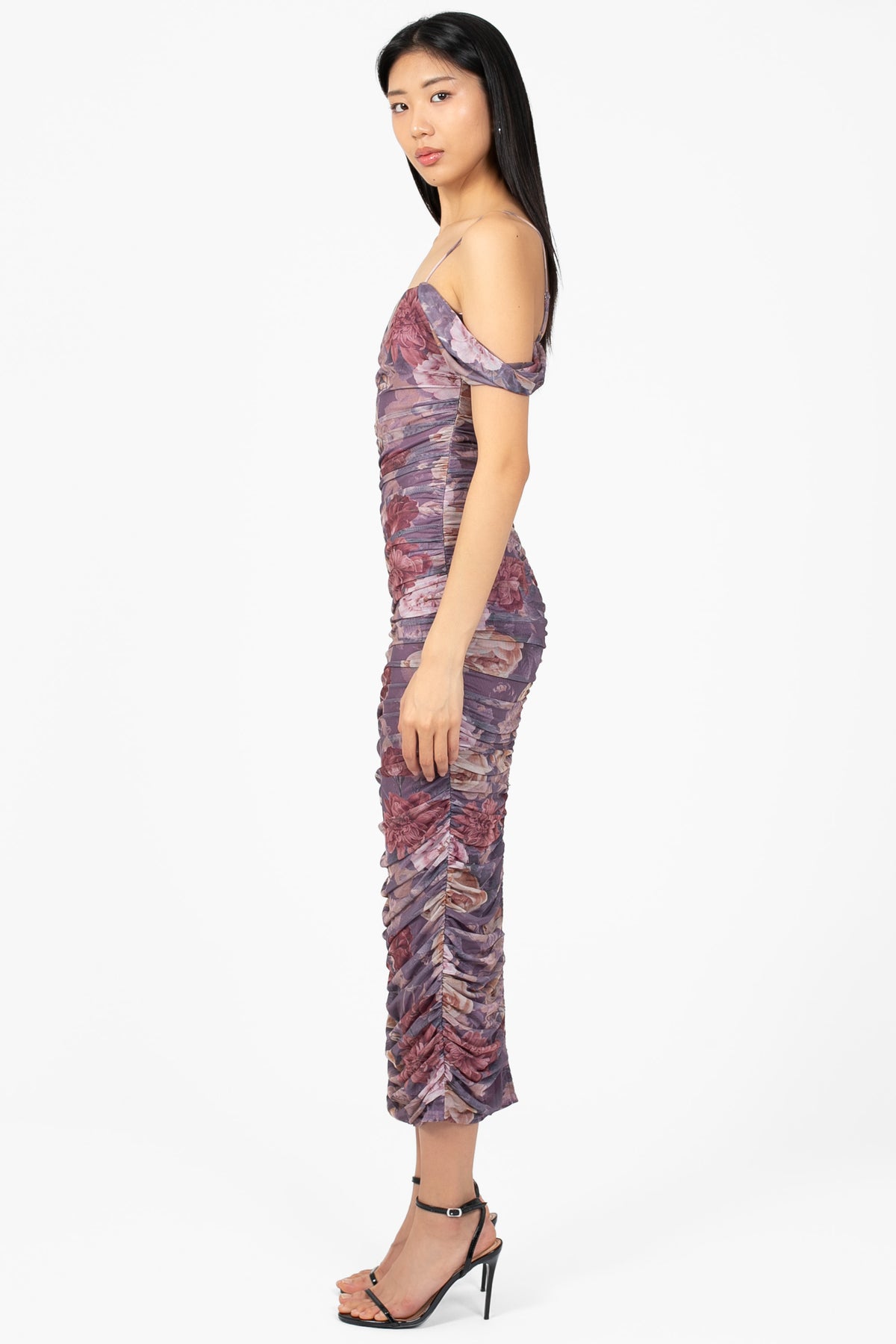 Camelia Draped Ruched Floral Midi Dress - honey