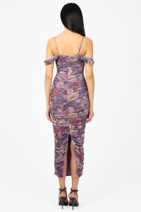 Camelia Draped Ruched Floral Midi Dress - honey