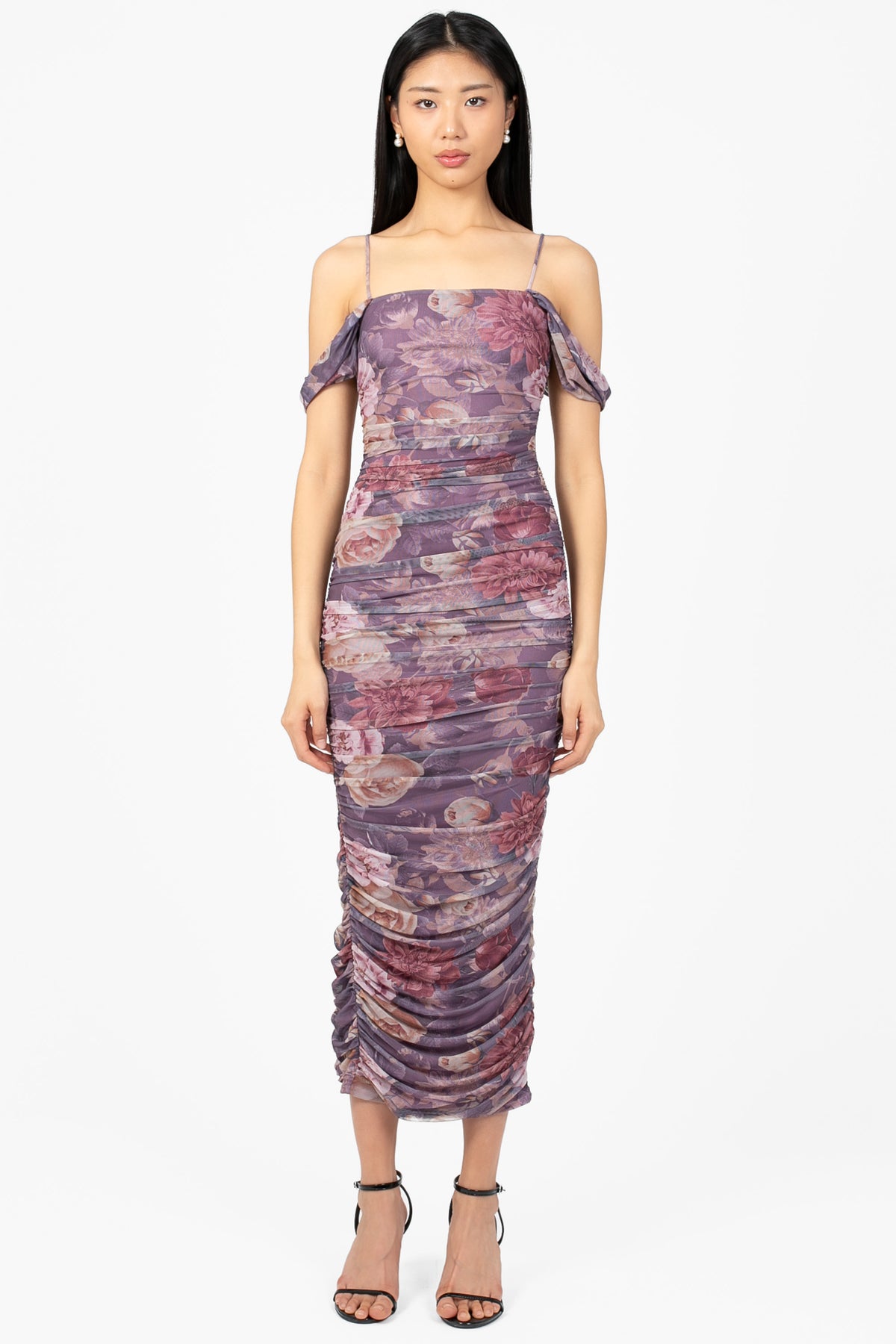 Camelia Draped Ruched Floral Midi Dress - honey